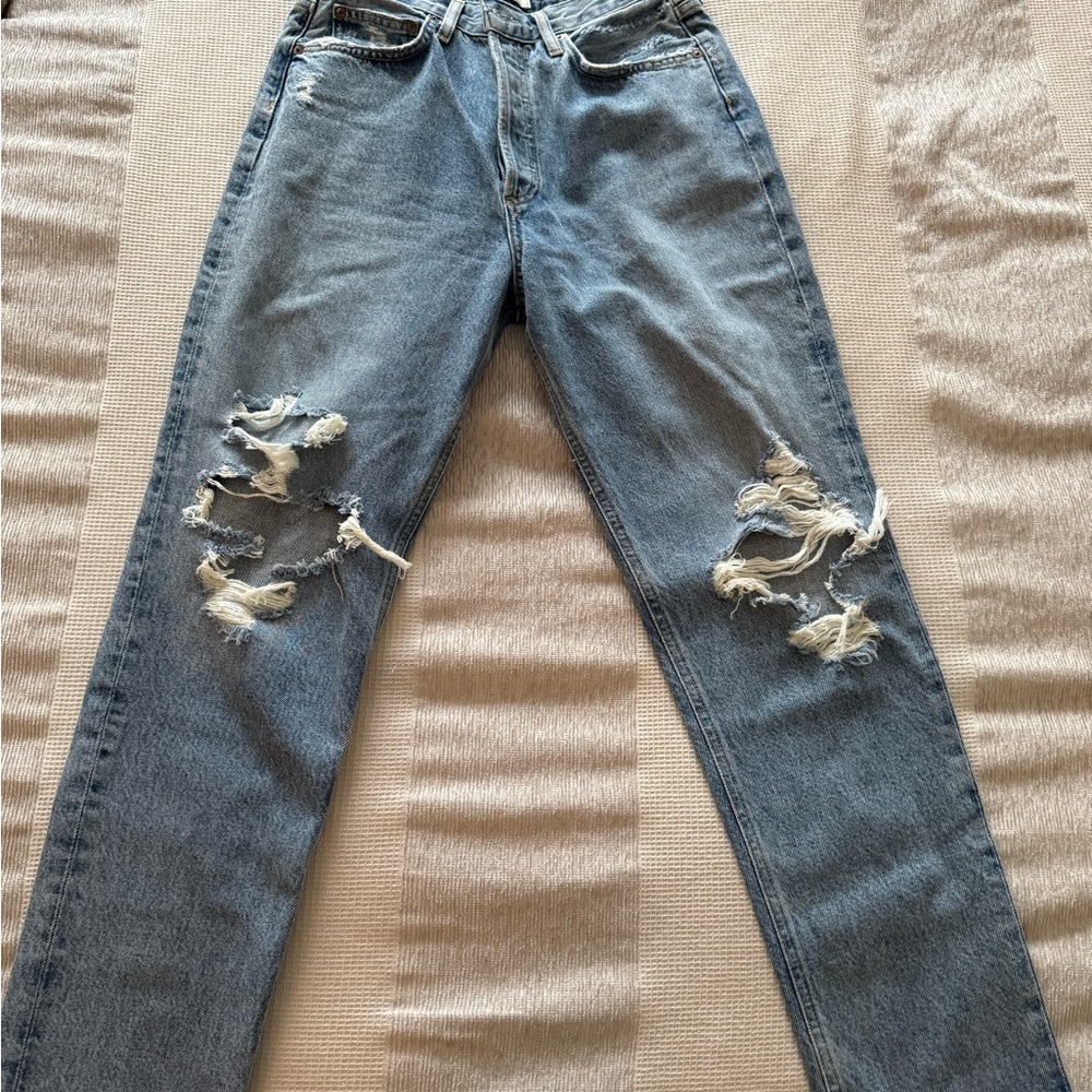 Agolde Blue Straight Leg Jeans with Distressed Details